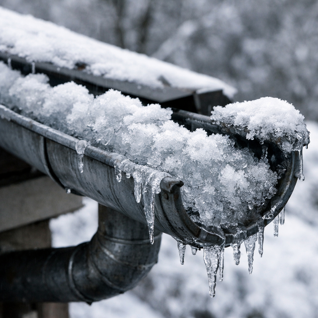 Leaf guard gutter filled with ice in a Toronto property.