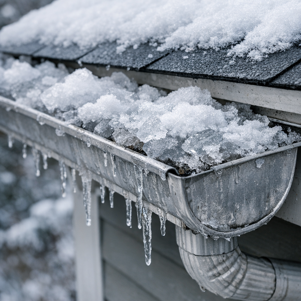 Eavestrough filled with ice in a Canadian property